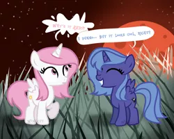 Size: 2500x2000 | Tagged: safe, artist:wingcut, derpibooru import, princess celestia, princess luna, alicorn, pony, blood moon, cewestia, confused, dialogue, female, filly, grass, i dunno lol, looking at something, mare, moon, night, pink-mane celestia, royal sisters, shocked, siblings, sisters, starry sky, stars, talking, woona, young celestia, young luna, younger