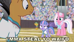 Size: 1280x720 | Tagged: safe, derpibooru import, edit, edited screencap, screencap, clear sky, quibble pants, snails, wind sprint, earth pony, pegasus, pony, unicorn, common ground, angry, caption, image macro, needs more jpeg, sweat stain, text, watermark