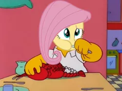 Size: 1005x754 | Tagged: safe, derpibooru import, edit, edited screencap, screencap, fluttershy, lobster, pony, equestria girls, equestria girls (movie), eating, food, homer simpson, ponies eating meat, ponies eating seafood, seafood, solo, the simpsons