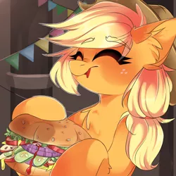 Size: 2000x2000 | Tagged: safe, artist:butterbit, derpibooru import, applejack, earth pony, pony, apple, burger, chest fluff, cute, ear fluff, eating, eyebrows visible through hair, eyes closed, female, food, freckles, hat, hay burger, jackabetes, ketchup, leg fluff, lettuce, onion, pickle, pickles, sauce, solo, tomato, veggie burger