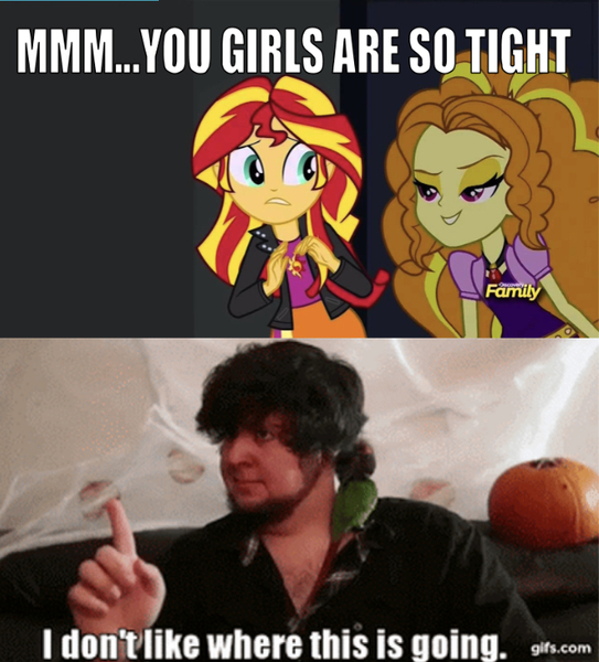 Size: 668x738 | Tagged: suggestive, derpibooru import, edit, edited screencap, editor:undeadponysoldier, screencap, adagio dazzle, sunset shimmer, bird, human, equestria girls, equestria girls series, rainbow rocks, bedroom eyes, discovery family logo, gifs.com, i don't like where this is going, implied lesbian, innuendo, irl, irl human, jontron, meme, photo, pumpkin, skydoesminecraft, text, you girls are so tight, youtuber