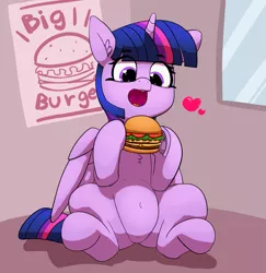 Size: 2545x2623 | Tagged: safe, artist:pabbley, derpibooru import, twilight sparkle, twilight sparkle (alicorn), alicorn, pony, belly button, burger, chest fluff, cute, ear fluff, food, happy, heart, heart eyes, hoof hold, meat, open mouth, ponies eating meat, solo, that pony sure does love burgers, twiabetes, twilight burgkle, wingding eyes