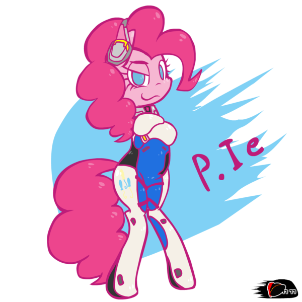 Size: 1000x1000 | Tagged: safe, artist:ggumbaramggun, derpibooru import, pinkie pie, pony, abstract background, bipedal, clothes, cosplay, costume, crossed hooves, crossover, d.va, latin american, melissa gedeón, no pupils, overwatch, p.nkie, solo, voice actor joke