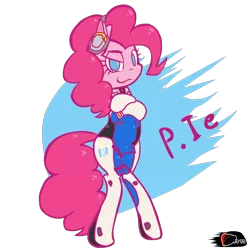 Size: 1000x1000 | Tagged: safe, artist:ggumbaramggun, derpibooru import, pinkie pie, pony, abstract background, bipedal, clothes, cosplay, costume, crossed hooves, crossover, d.va, latin american, melissa gedeón, no pupils, overwatch, p.nkie, solo, voice actor joke