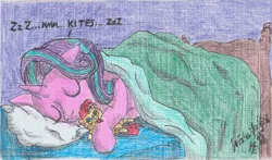 Size: 2020x1184 | Tagged: safe, artist:edhelistar, derpibooru import, starlight glimmer, sunburst, pony, unicorn, bed, blanket, crush plush, cute, dream, eyes closed, female, glimmerbetes, hair flip, hearth's warming doll, horn, hug, implied shipping, implied starburst, implied straight, kanji, kite, mare, onomatopoeia, pillow, plushie, signature, simple background, sleep talking, sleeping, solo, sound effects, tengwar, that pony sure does love kites, traditional art, zzz