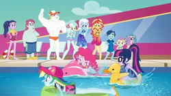 Size: 1920x1080 | Tagged: safe, derpibooru import, screencap, baewatch, bulk biceps, henry handle, lily pad (equestria girls), lyra heartstrings, manestrum, pinkie pie, rainbow dash, sci-twi, sunset shimmer, technicolor waves, trixie, twilight sparkle, equestria girls, equestria girls series, i'm on a yacht, spoiler:eqg series (season 2), background human, clothes, cruise, feet, female, floaty, geode of empathy, geode of telekinesis, inflatable, inflatable toy, legs, magical geodes, male, male feet, partial nudity, pool toy, racing, raft, riding, sky, sleeveless, swimming pool, swimsuit, topless