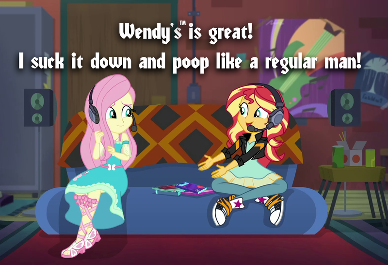 Size: 1582x1080 | Tagged: questionable, derpibooru import, edit, edited screencap, screencap, fluttershy, sunset shimmer, equestria girls, equestria girls series, game stream, spoiler:eqg series (season 2), arin hanson, clothes, converse, egoraptor, game grumps, gamershy, grumpset shimmer, headset mic, implied food, implied poop, meme, microphone, not so grumpershy, shoes, sneakers, sunset gamer, sunset's apartment, super mario bros., trademark, wendy's