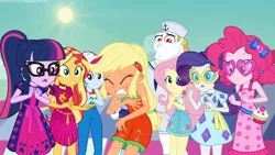 Size: 1920x1080 | Tagged: safe, derpibooru import, screencap, applejack, bulk biceps, fluttershy, pinkie pie, rainbow dash, rarity, sci-twi, sunset shimmer, twilight sparkle, equestria girls, equestria girls series, i'm on a yacht, spoiler:eqg series (season 2), clothes, geode of empathy, geode of shielding, geode of sugar bombs, geode of super strength, glasses, hat, heart glasses, heart shaped glasses, humane five, humane seven, humane six, magical geodes, ponytail, sailor, sailor hat, sleeveless, sun, sunburn, sunglasses