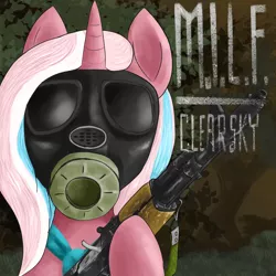 Size: 1200x1200 | Tagged: safe, artist:t72b, derpibooru import, clear sky, pony, unicorn, common ground, ak74, bipedal, bust, female, gas mask, gun, hoof hold, mare, mask, milf, parody, portrait, rifle, s.t.a.l.k.e.r., solo, text, weapon