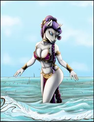 Size: 2387x3101 | Tagged: anthro, artist:astraldog, beach, bikini, braided ponytail, braided tail, breasts, busty rarity, cleavage, clothes, derpibooru import, ear piercing, earring, female, jewelry, lidded eyes, lipstick, midriff, ocean, piercing, pose, rarity, return of the jedi, slave leia outfit, solo, solo female, star wars, suggestive, swimsuit