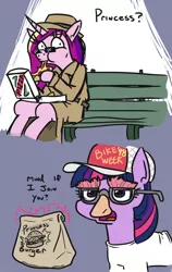 Size: 664x1051 | Tagged: 2 panel comic, alicorn, artist:jargon scott, burger, clothes, comic, derpibooru import, dialogue, disguise, food, groucho mask, meat, missing horn, paper-thin disguise, peetzer, pepperoni, pepperoni pizza, pizza, ponies eating meat, princess cadance, safe, seems legit, that pony sure does love pizza, twilight burgkle, twilight sparkle, twilight sparkle (alicorn)