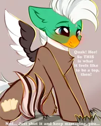 Size: 2000x2500 | Tagged: artist:alphadesu, bird, blushing, cute, derpibooru import, dialogue, duck, duck pony, lip bite, massage, oc, oc:duk, quack, quak, suggestive