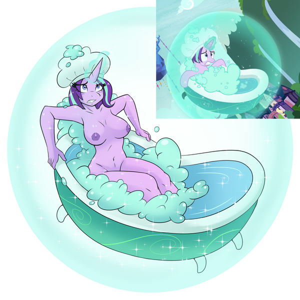 Size: 2325x2325 | Tagged: questionable, alternate version, artist:ambris, derpibooru import, starlight glimmer, anthro, pony, unicorn, father knows beast, season 8, spoiler:s08, anthro with ponies, armpits, bath, bathtub, bathtub gag, blushing, breasts, bubble, busty starlight glimmer, embarrassed, embarrassed nude exposure, exhibitionism, female, gritted teeth, hat, image, inverted nipples, levitation, magic, magic bubble, mare, nipples, nudity, png, public nudity, scene interpretation, self-levitation, shower cap, sketch, solo, solo female, suds, telekinesis