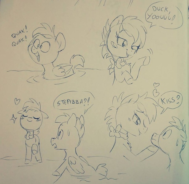 Size: 960x938 | Tagged: artist:stepandy, bird, comic, cute, derpibooru import, duck, duck pony, exclamation point, funny, interrobang, lineart, meme, oc, oc:duk, oc:stepanda, quack, quak, question mark, safe, shipping, sketch, traditional art