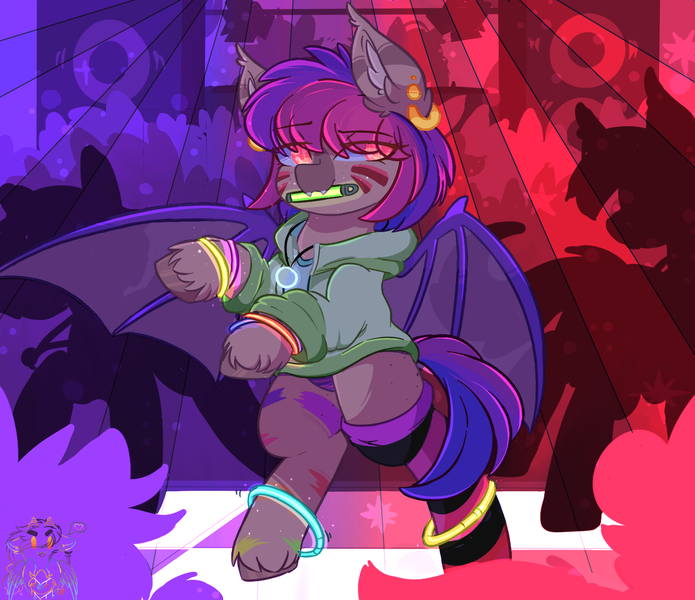 Size: 1476x1275 | Tagged: safe, artist:drawtheuniverse, derpibooru import, oc, oc:strobe light, bat pony, pony, dancing