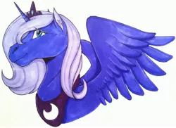 Size: 3970x2885 | Tagged: safe, artist:bennythebunny95, derpibooru import, princess luna, alicorn, pony, bust, ear fluff, eyebrows visible through hair, female, hoers, horn, jewelry, mare, portrait, profile, regalia, s1 luna, simple background, solo, spread wings, traditional art, white background, wings