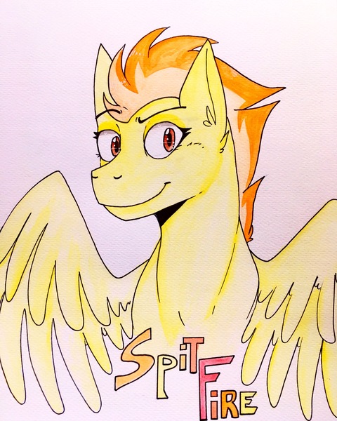 Size: 3024x3781 | Tagged: safe, artist:bennythebunny95, derpibooru import, spitfire, pegasus, pony, bust, ear fluff, female, looking at you, mare, raised eyebrow, simple background, smiling, solo, traditional art, white background