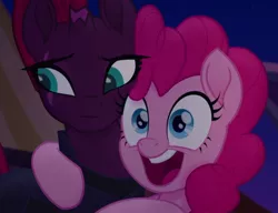 Size: 1024x785 | Tagged: safe, derpibooru import, screencap, pinkie pie, tempest shadow, pony, unicorn, my little pony: the movie, broken horn, cropped, cute, diapinkes, duo, eye scar, horn, hug, open mouth, scar, tempestbetes