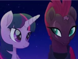 Size: 641x486 | Tagged: safe, derpibooru import, screencap, tempest shadow, twilight sparkle, twilight sparkle (alicorn), alicorn, pony, unicorn, my little pony: the movie, broken horn, cropped, eye scar, horn, scar, smiling, stars