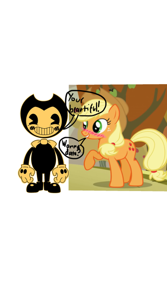 Size: 1500x2668 | Tagged: safe, derpibooru import, edit, edited screencap, screencap, applejack, pony, 1000 hours in ms paint, background pony strikes again, bendy and the ink machine, blank space, blushing, shipping