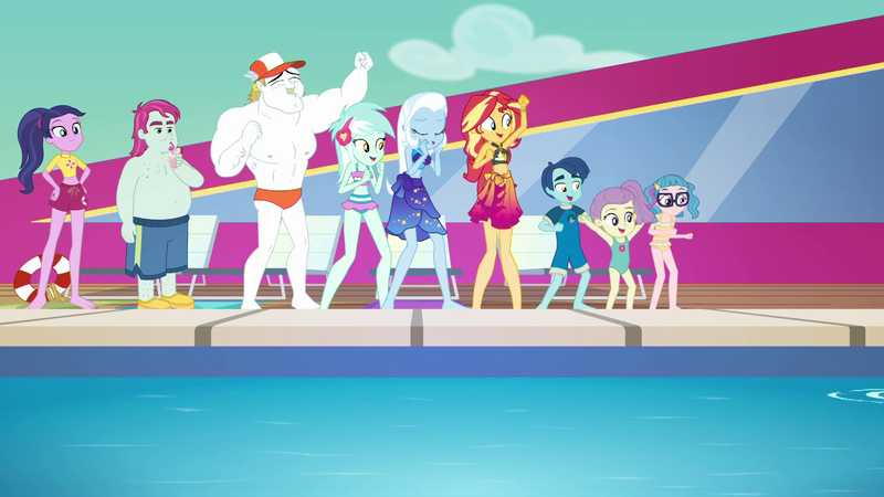 Size: 1920x1080 | Tagged: safe, derpibooru import, screencap, baewatch, bulk biceps, henry handle, lily pad (equestria girls), lyra heartstrings, manestrum, pinkie pie, rainbow dash, sci-twi, sunset shimmer, technicolor waves, trixie, twilight sparkle, equestria girls, equestria girls series, i'm on a yacht, spoiler:eqg series (season 2), background human, barefoot, belly button, bikini, clothes, cruise, feet, female, floaty, geode of empathy, geode of telekinesis, inflatable, inflatable toy, legs, magical geodes, male, midriff, one-piece swimsuit, partial nudity, pool toy, racing, raft, riding, sarong, short shirt, skirt, sky, swimming pool, swimsuit, topless