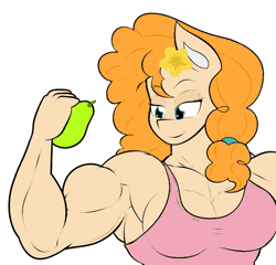 Size: 857x824 | Tagged: safe, artist:calm wind, artist:matchstickman, derpibooru import, pear butter, anthro, earth pony, abs, animated, armpits, biceps, breasts, busty pear butter, clothes, deltoids, dialogue, female, flexing, food, frame by frame, fruit, gif, grin, looking at you, mare, muscles, muscular female, one eye closed, pear, pear buffer, pecs, shirt, simple background, sleeveless, sleeveless shirt, smiling, solo, talking to viewer, triceps, vein bulge, white background, wink