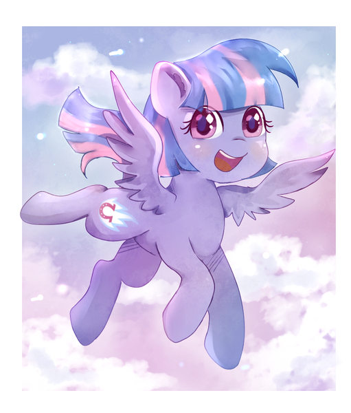 Size: 924x1085 | Tagged: safe, artist:whiskyice, derpibooru import, wind sprint, pegasus, pony, common ground, cloud, female, filly, flying, happy, open mouth, sky, solo, spread wings, wings