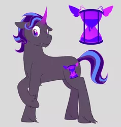 Size: 1000x1050 | Tagged: safe, artist:enigmadoodles, derpibooru import, oc, oc:blacklight, unofficial characters only, hybrid, unicorn, colored horn, curved horn, cute, cute little fangs, cutie mark, fangs, floppy ears, gray background, horn, hourglass, male, offspring, parent:king sombra, parent:starlight glimmer, parents:starlightsombra, raised hoof, simple background, slit eyes, solo, stallion, umbrum oc, unshorn fetlocks