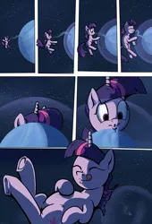 Size: 1920x2816 | Tagged: safe, artist:shieltar, derpibooru import, part of a set, twilight sparkle, pony, unicorn, comic:giant twilight, atmosphere, comic, cute, eating, edible heavenly object, gas giant, giant pony, growth, macro, magic, part of a series, planet, pony bigger than a planet, size difference, space, stars, straw, tangible heavenly object, twiabetes, unicorn twilight