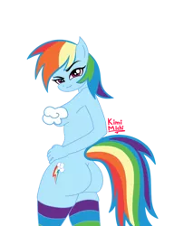 Size: 600x780 | Tagged: anthro, artist:kimimichi, breasts, clothes, cloud, derpibooru import, female, nudity, rainbow dash, rainbow socks, sideboob, simple background, socks, solo, solo female, strategically covered, striped socks, suggestive, thigh highs, transparent background, wingless, wingless anthro