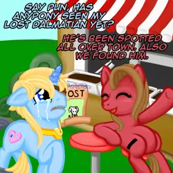 Size: 800x800 | Tagged: safe, artist:themovedragenda, derpibooru import, oc, oc:pun, dalmatian, dog, pony, unicorn, ask pun, ask, crying, eyepatch, magic, male, pun, stallion