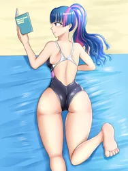 Size: 768x1024 | Tagged: artist:タツオ, ass, beach, blue hair, book, butt, clothes, day, derpibooru import, feet, female, human, humanized, light skin, long hair, multicolored hair, one-piece swimsuit, on stomach, open-back swimsuit, pink hair, ponytail, purple hair, reading, sand, solo, suggestive, swimsuit, towel, twibutt, twilight sparkle