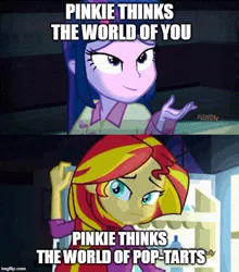 Size: 500x569 | Tagged: safe, derpibooru import, edit, edited screencap, screencap, sunset shimmer, twilight sparkle, equestria girls, rainbow rocks, bojack horseman, caption, clothes, discovery family logo, image macro, implied pinkie pie, implied poptart, pajamas, refrigerator, text