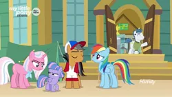 Size: 1280x720 | Tagged: safe, derpibooru import, screencap, clear sky, quibble pants, rainbow dash, unnamed character, unnamed pony, wind sprint, earth pony, pegasus, pony, unicorn, common ground, discovery family logo, female, filly, male, mare, stallion, tent