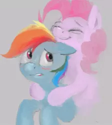 Size: 500x557 | Tagged: safe, artist:jellymaggot, derpibooru import, pinkie pie, rainbow dash, earth pony, pegasus, pony, /mlp/, blushing, drawthread, eyes closed, female, mare, requested art, simple background, smelling, sniffing