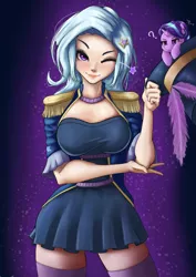 Size: 848x1200 | Tagged: safe, artist:the-park, derpibooru import, starlight glimmer, trixie, pony, equestria girls, equestria girls series, street magic with trixie, spoiler:eqg series (season 2), adorasexy, breast envy, breasts, busty trixie, clothes, costume, cute, diatrixes, epaulettes, hat, human coloration, looking at you, miniskirt, one eye closed, sexy, simple background, skirt, socks, solo focus, standing, thigh highs, tiny, tiny ponies, top hat, wink, zettai ryouiki