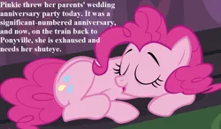 Size: 924x539 | Tagged: cropped, cute, derpibooru import, diapinkes, edit, edited screencap, friendship express, implied cloudy quartz, implied igneous rock, implied quartzrock, implied shipping, implied straight, misspelling, mmmystery on the friendship express, pinkie pie, safe, screencap, sleeping, text