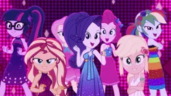 Size: 1920x1080 | Tagged: safe, derpibooru import, screencap, applejack, fluttershy, pinkie pie, rainbow dash, rarity, sci-twi, sunset shimmer, twilight sparkle, equestria girls, equestria girls series, i'm on a yacht, spoiler:eqg series (season 2), clothes, dress, geode of sugar bombs, geode of super strength, geode of telekinesis, humane five, humane seven, humane six, looking at you, magical geodes, neon eg logo, sleeveless