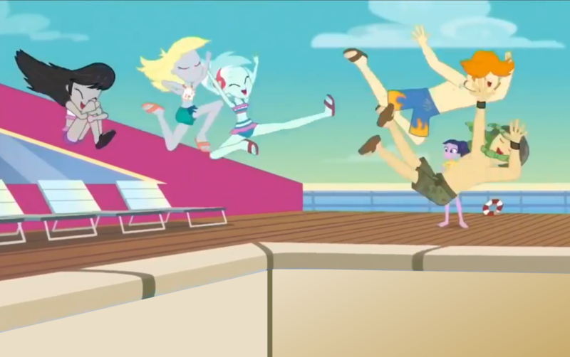 Size: 1148x720 | Tagged: safe, derpibooru import, edit, edited screencap, editor:secrettitan, screencap, baewatch, derpy hooves, lyra heartstrings, octavia melody, sandalwood, valhallen, equestria girls, equestria girls series, i'm on a yacht, spoiler:eqg series (season 2), abuse, abuse edit, bikini, clothes, derpyabuse, feet, female, legs, lyrabuse, male, male feet, midriff, sandals, shorts, swimming pool, swimming trunks, swimsuit, this is going to hurt, this will end in death, this will end in pain, this will end in tears, this will end in tears and/or death, this will not end well