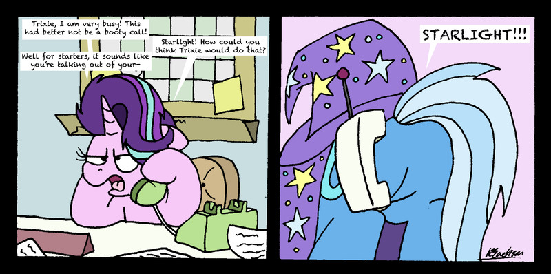 Size: 5072x2522 | Tagged: suggestive, artist:bobthedalek, derpibooru import, starlight glimmer, trixie, pony, unicorn, 2 panel comic, ace ventura, booty call, butt, cape, clothes, comic, desk, dialogue, featureless crotch, female, glowing cutie mark, hat, hoof hold, mare, open mouth, phone, plot, pun, speech bubble, starlight's office, sticky note, trixie's cape, trixie's hat, wat