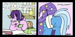 Size: 5072x2522 | Tagged: suggestive, artist:bobthedalek, derpibooru import, starlight glimmer, trixie, pony, unicorn, 2 panel comic, ace ventura, booty call, butt, cape, clothes, comic, desk, dialogue, featureless crotch, female, glowing cutie mark, hat, hoof hold, mare, open mouth, phone, plot, pun, speech bubble, starlight's office, sticky note, trixie's cape, trixie's hat, wat