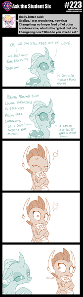 Size: 800x2851 | Tagged: artist:sintakhra, bedroom eyes, changedling, changeling, comic, cute, derpibooru import, diaocelles, dragon, dragoness, female, gem, heart, lesbian, monochrome, ocellus, post-it, safe, shipping, simple background, smolcellus, smolder, smolderbetes, text, this will end in fire, tumblr:studentsix, white background