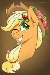 Size: 1080x1620 | Tagged: safe, artist:cadetredshirt, derpibooru import, applejack, pony, colored pupils, cute, flower, flower in hair, freckles, gradient background, hat, jackabetes, one eye closed, patreon, patreon link, patreon logo, simple background, smiling, solo, wink