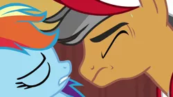 Size: 1280x720 | Tagged: safe, derpibooru import, screencap, quibble pants, rainbow dash, earth pony, pegasus, pony, common ground, cap, duo, eyes closed, female, hat, male, mare, out of context, stallion, sweat