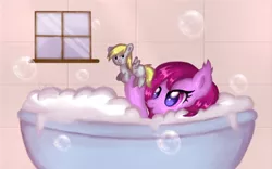 Size: 700x436 | Tagged: safe, artist:cheila, artist:mailu, derpibooru import, derpy hooves, oc, oc:asmudera, unofficial characters only, bat pony, pony, bath, bathing, bathtub, bubble bath, commission, cute, soap bubble, suds, window, ych result