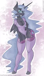 Size: 600x1024 | Tagged: alicorn, anthro, artist:longtailshort, belly button, big breasts, breasts, busty nightmare moon, cleavage, clothes, derpibooru import, ethereal mane, female, hand on hip, hooves, horn, leotard, long horn, looking at you, mare, missing accessory, nightmare moon, sharp teeth, smiling, socks, solo, solo female, starry mane, stockings, suggestive, sultry pose, teeth, thick, thigh gap, thigh highs, thighs, thong leotard, tight clothing, toeless stockings, unguligrade anthro, wide hips