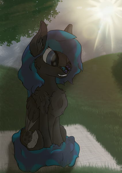 Size: 3508x4960 | Tagged: safe, artist:littlepony115, derpibooru import, oc, oc:solar eclipse, pegasus, pony, cheek fluff, chest fluff, female, grass, grass field, leaves, leg fluff, lens flare, mare, mountain, mountain range, picnic, picnic blanket, smiling, solo, sun, tree, vignette