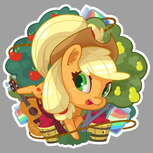 Size: 1440x1440 | Tagged: safe, artist:batonya12561, derpibooru import, part of a set, applejack, pony, apple, bucket, chest fluff, chibi, cute, ear fluff, food, guitar, jackabetes, jam, musical instrument, open mouth, pear, solo, zap apple, zap apple jam