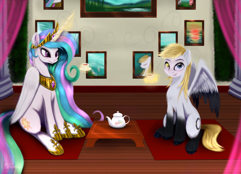 Size: 6300x4550 | Tagged: safe, artist:darksly, derpibooru import, princess celestia, oc, alicorn, pegasus, pony, detailed background, food, sitting, tea, tea set, wings