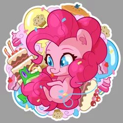 Size: 1440x1440 | Tagged: safe, artist:batonya12561, derpibooru import, part of a set, gummy, pinkie pie, alligator, earth pony, pony, :p, balloon, cake, candle, chibi, confetti, cupcake, cute, diapinkes, duo, ear fluff, food, gray background, muffin, simple background, tongue out